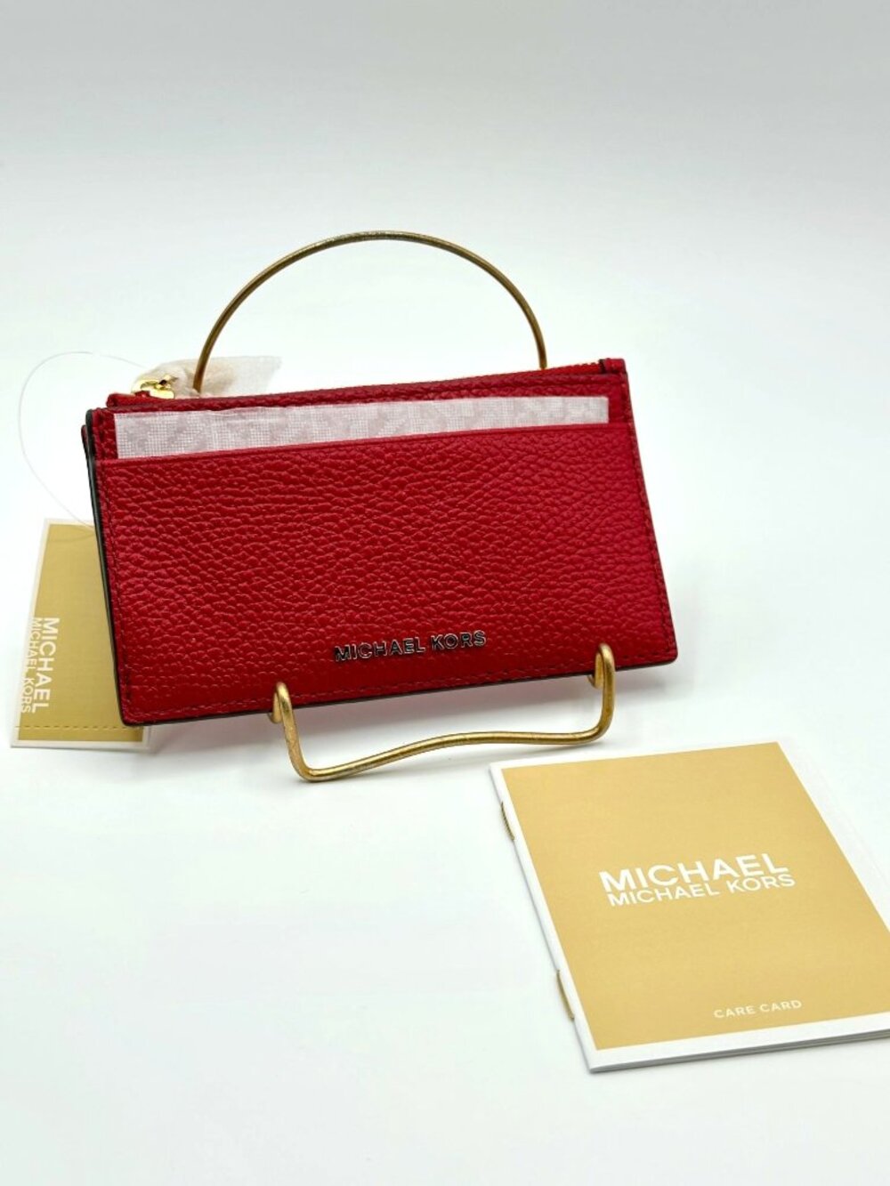 Michael Kors Jet Set Small Leather Zip Key Card Case Crimson Red NEW